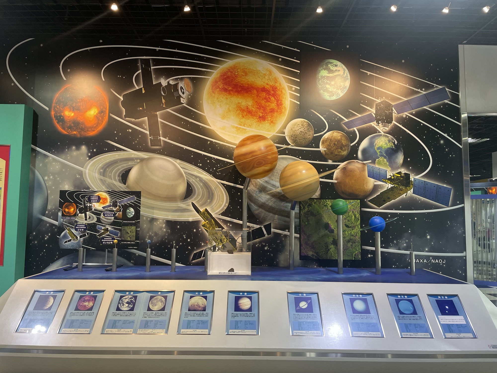 橿原こども科学館の宇宙への旅立ちゾーン。地球を上空から見下ろすような展示の様子