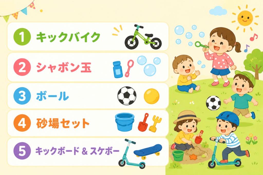 子供の公園用外遊びグッズ6選のまとめ図解イラスト